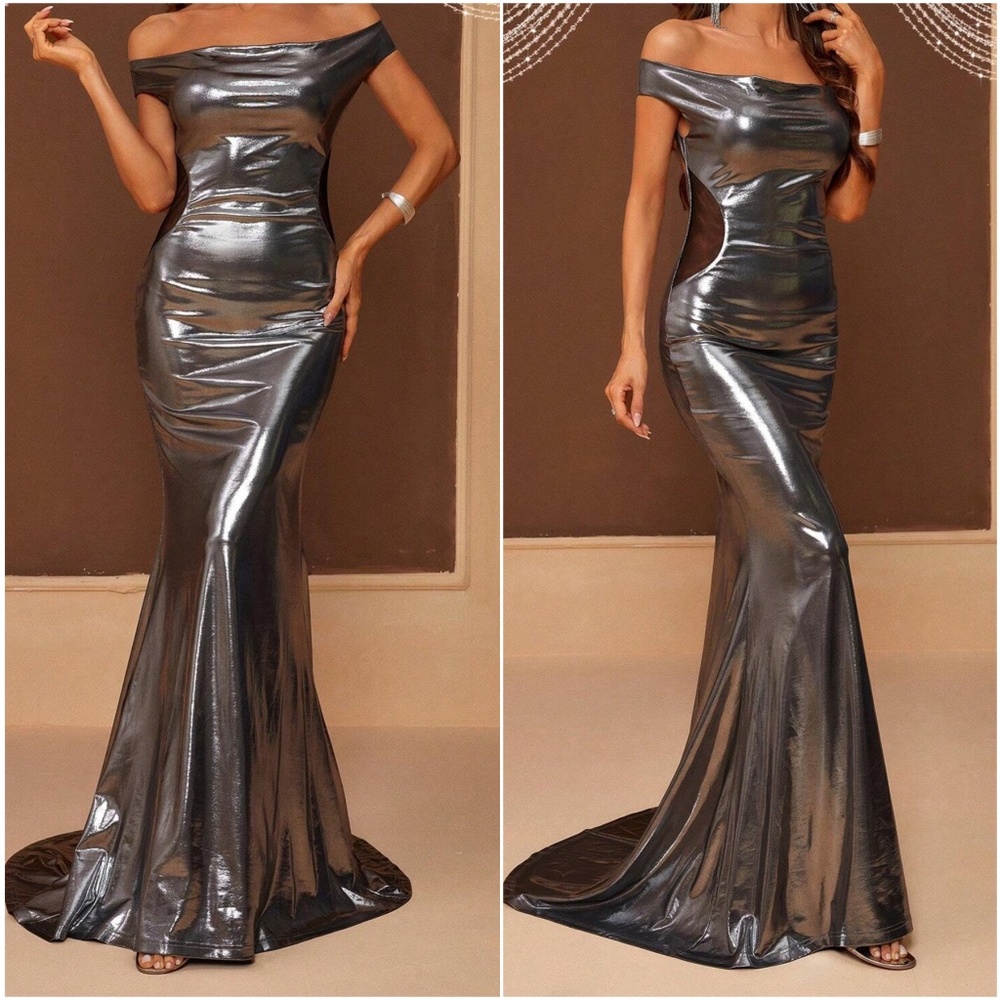 Luxe Metallic Off Shoulder Open Back Evening Formal Party Dress - Picture 4 of 5